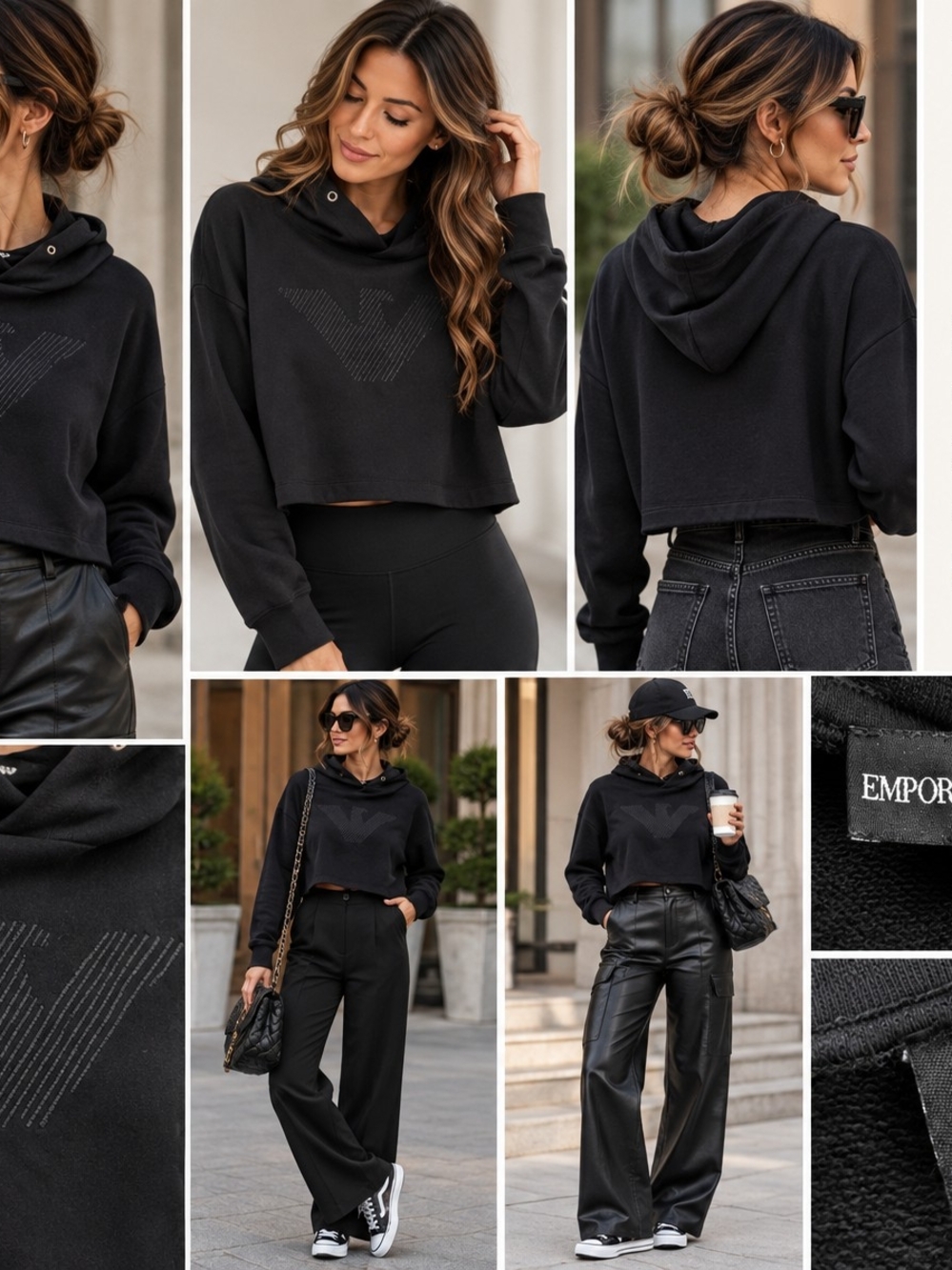 Emporio Armani Black Cropped Hoodie with Subtle Logo